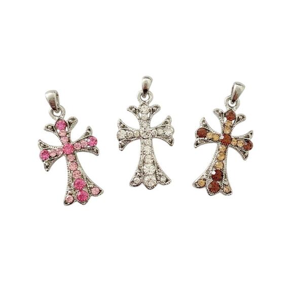 NWT 3 Y2K Colorful Silver Plated Pink/Clear/Brown Crystal Cross Pendants Charms - Picture 1 of 1
